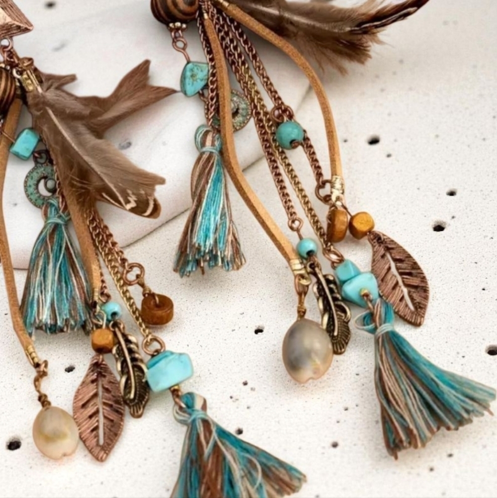 Boho Feather,Tassle and Bead Earrings Handmade